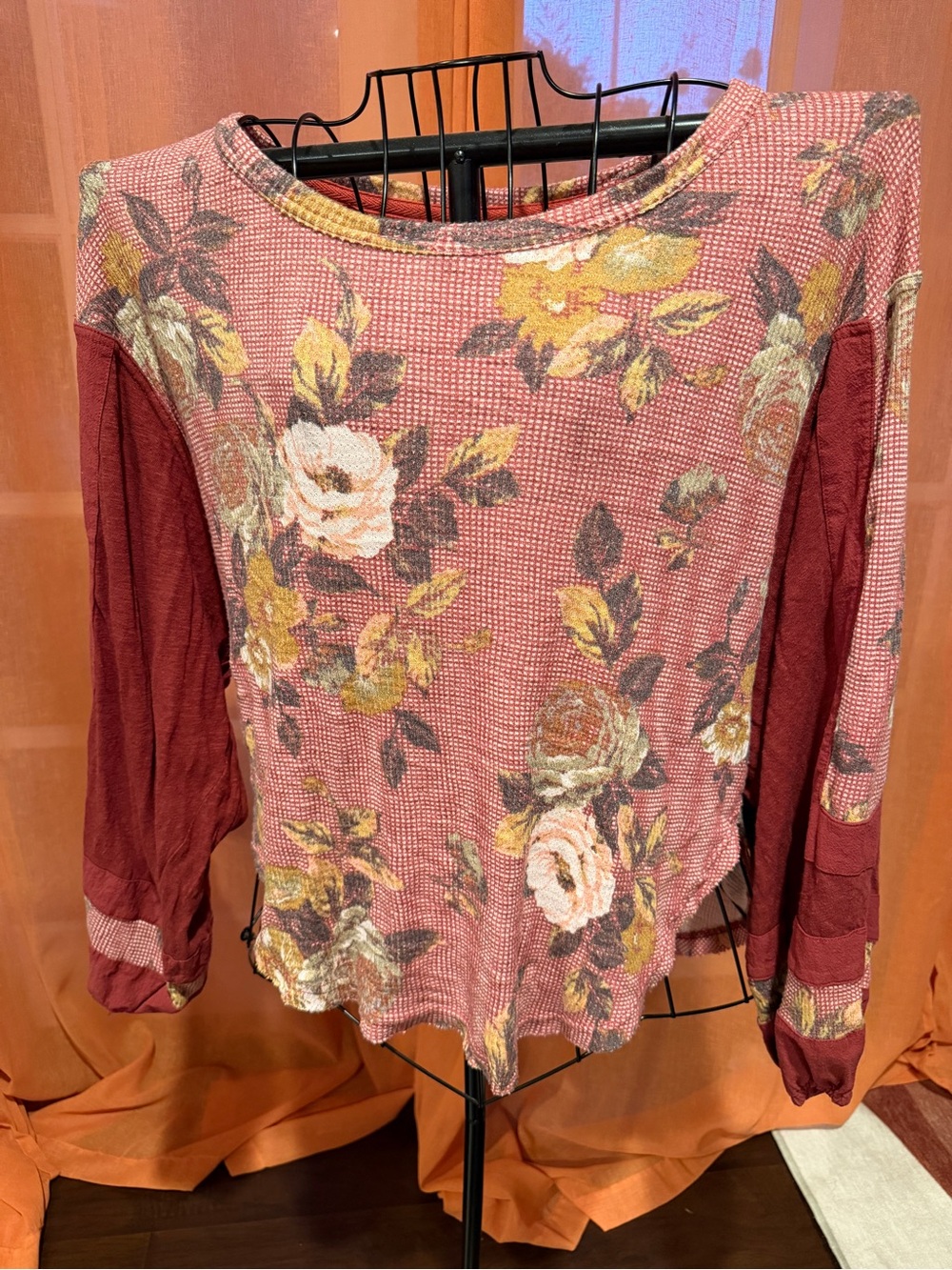 Free People Rose Floral Waffle Knit Long-Sleeve Top